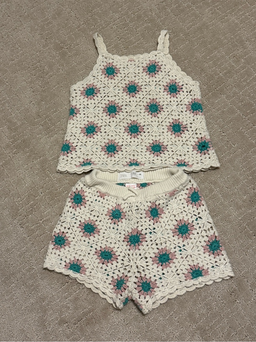 Zara Cream Floral Crochet Tank & Shorts Set 2-3T 2T